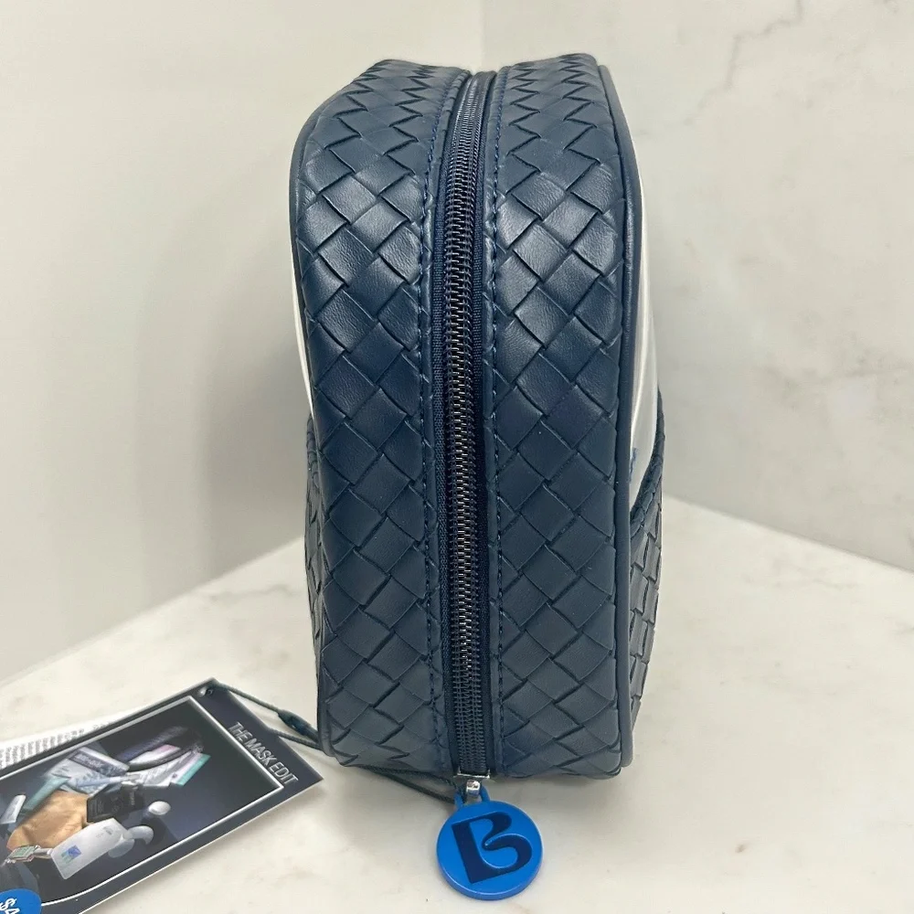 Bluemercury Navy Woven & Clear Full Side Zip Cosmetic Bag with Storage Band